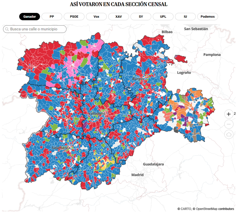 El mapa de los resultados de las elecciones de Castilla y León 2026, calle a calle