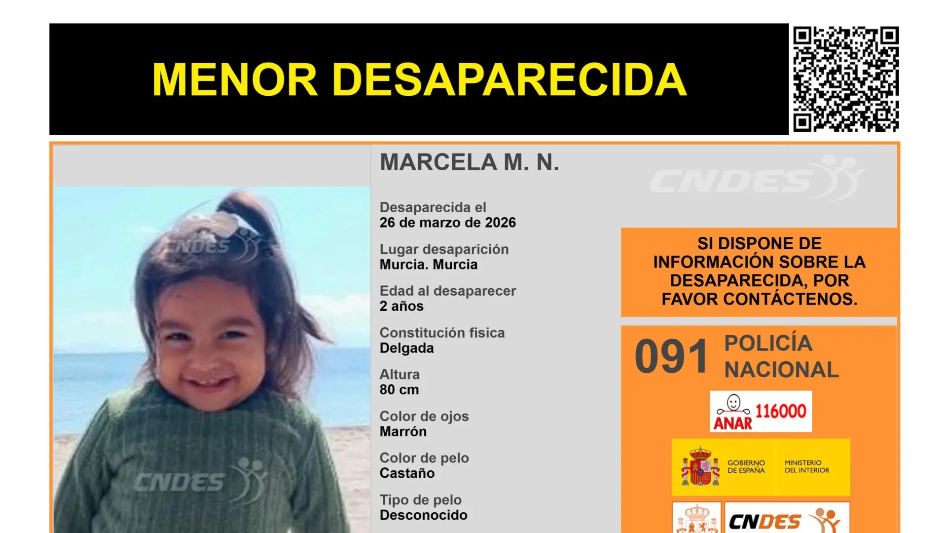 Localizada en buen estado la niña de dos años desaparecida en Murcia desde final de marzo